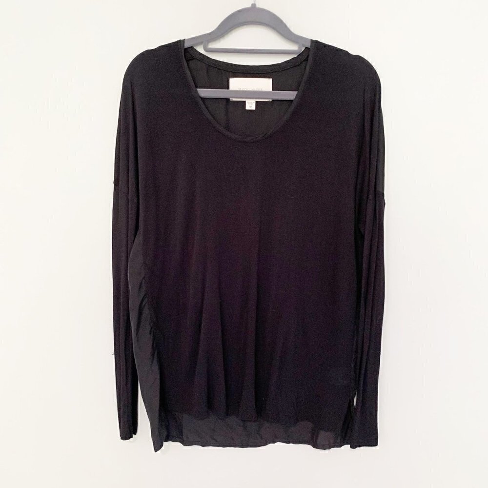 Brochu Walker Black Mixed Media Silk Viscose Long Sleeve Scoop Neck Top Size M